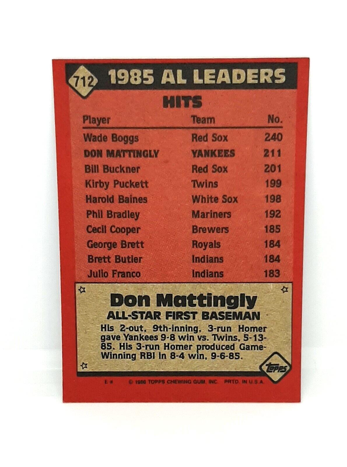Don Mattingly 1986 Topps AL All Star Baseball #712 Trading Card