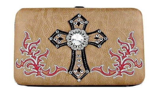 Womens Tan Rhinestone Studded Cross Leatherette Flat Thick Wallet